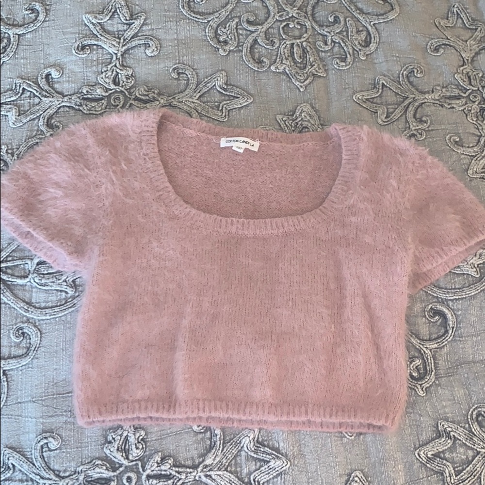 light pink fuzzy crop top